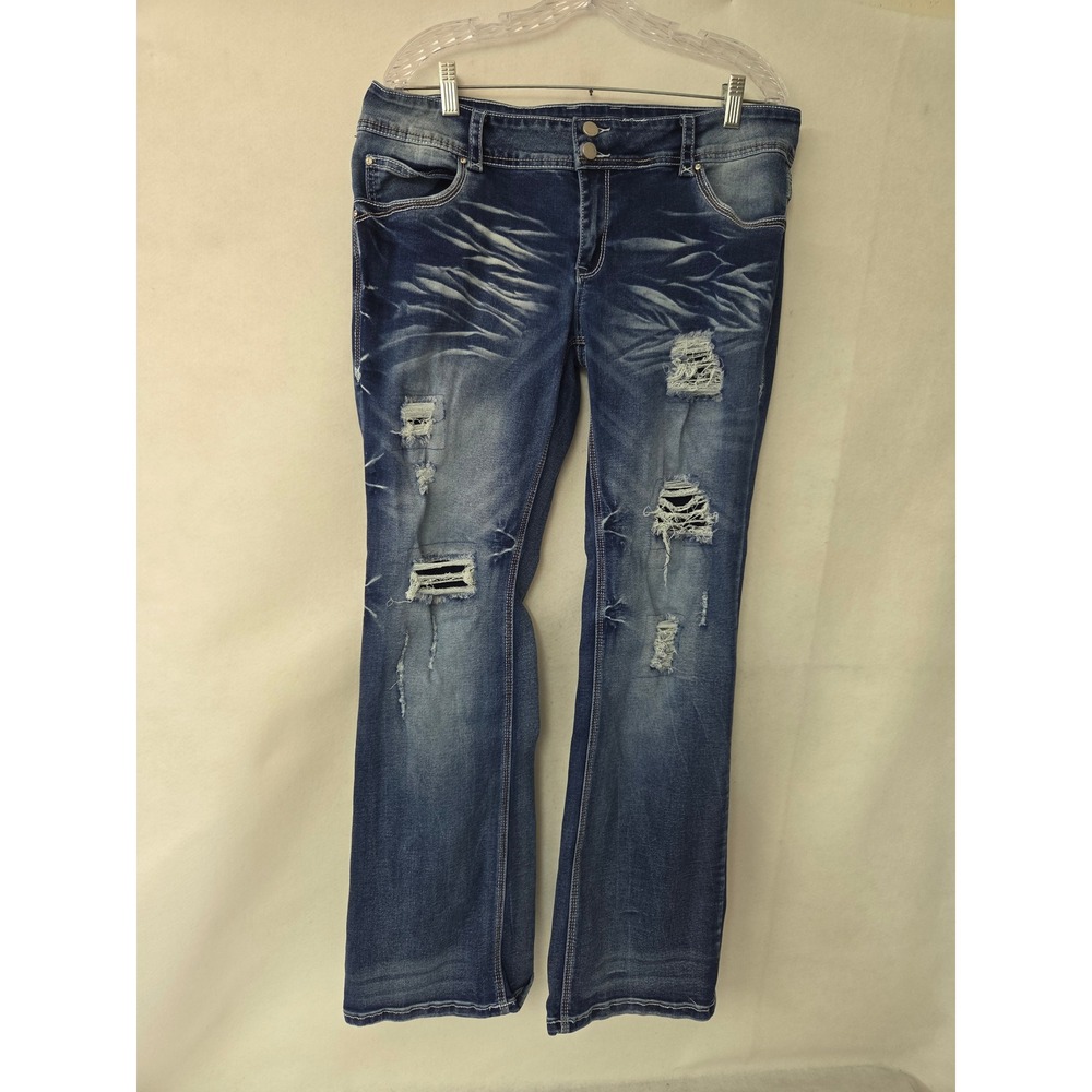 Flamingo Womens Distressed Bootcut Jeans Dark Wash Blue XXL Stretch 219020 PSA
